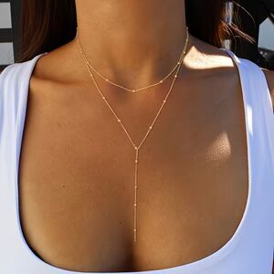 Gold Beaded Double Layer Y-Drop Necklace Chain Feminine Dainty Station Adjstble